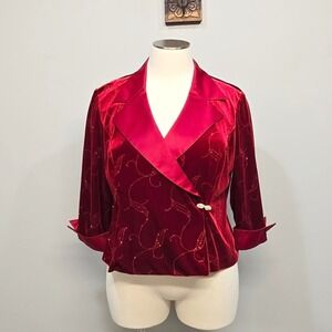 Vintage R&M Richards Velvet Jacket Plus Size 20W Red Glitter Holiday Formal Glam